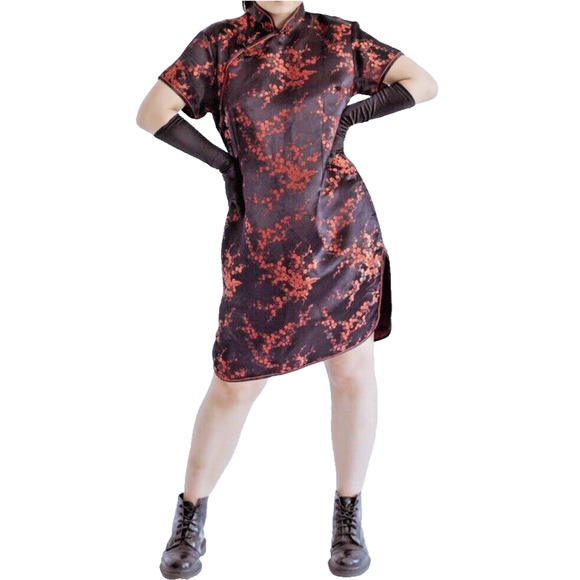 Cheongsam Qipao Dress Size 0X 1X Plum Flower Knee Length Classic Brocade Chinese - Picture 1 of 12